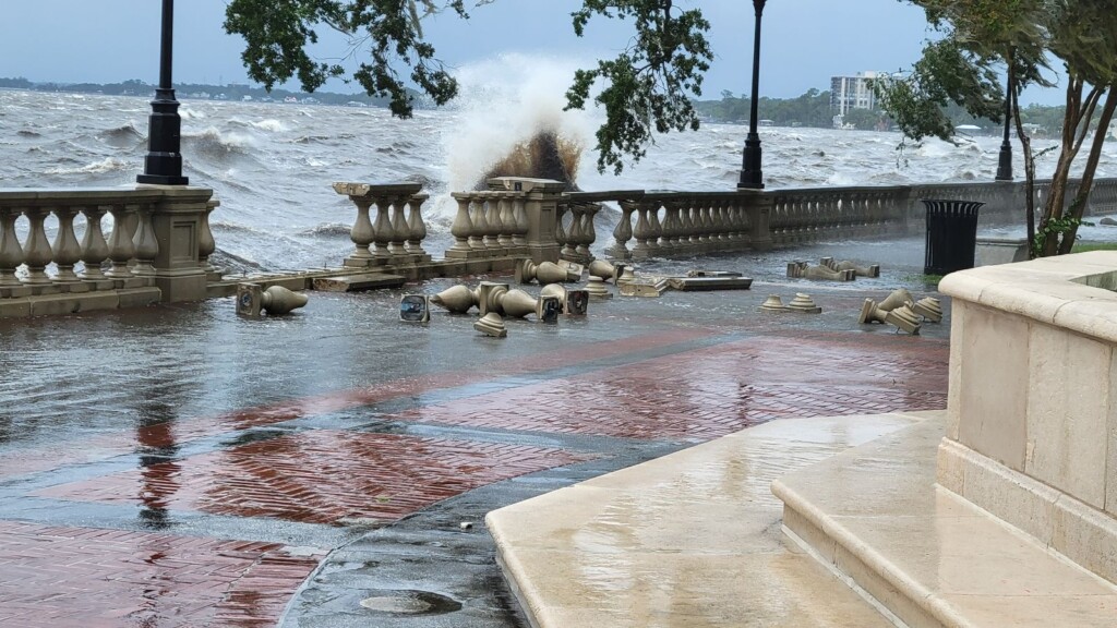 Waves smash the balustrade at Memorial Park in Jacksonville on Wednesday, August 30, 2023. | Dan Scanlan, Jacksonville today