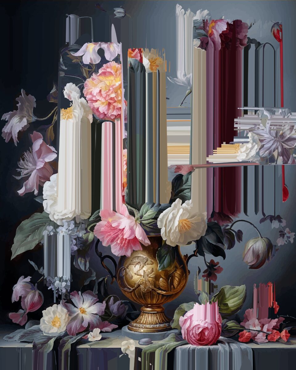 a bouquet of flowers expanding into digital glitches