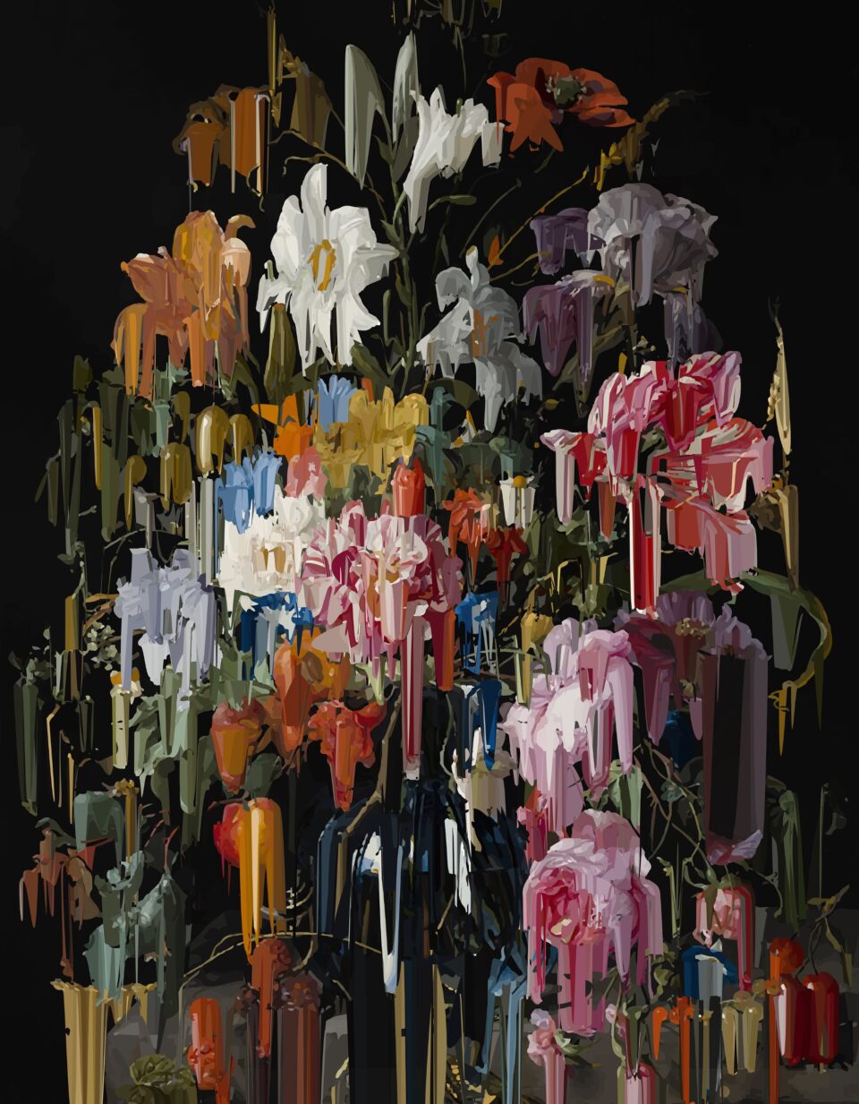 a bouquet of flowers expanding into digital glitches