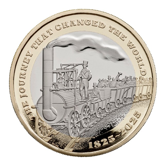 Embargoed until Friday December 27th. Undated Royal Mint handout photo celebrating 200 years of modern railways. ?2 coin, one of five new coin designs to commemorate upcoming national milestones and anniversaries in 2025. The coins will be available in a variety of precious metal and base resistant finishes. Issue date: Friday December 27, 2024. PA Photo. See PA story CASH COINS. Photo credit should read: The Royal Mint/PA Wire. NOTE TO EDITORS: This handout photo may only be used for editorial reporting purposes to provide a timely illustration of events, things or people in the image or facts mentioned in the caption. Reusing the image may require further permission from the copyright holder.