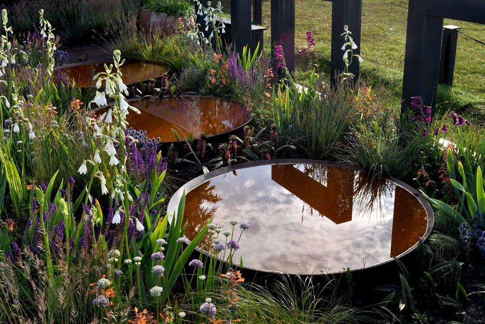 Garden landscape with circular reflecting pools surrounded by bright flowers and greenery