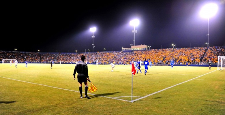 Harder Stadium, originally built in 1966 for football purposes, is now home to the Blue-Green football rivalry between Big West Conference neighbors UCSB and Cal Poly. Six of the eight largest home crowds in Gaucho men's soccer history - between 11,424 and 14,919 - were drawn for games against the Mustangs.