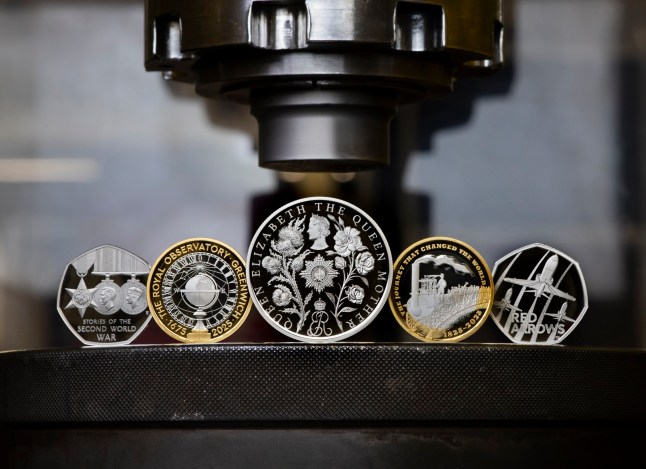 Embargoed until Friday December 27th. Undated Royal Mint handout photo of five new coin designs to commemorate upcoming national milestones and anniversaries in 2025. The coins (left to right) Stories from the Second World War 50 pence coin, 350th anniversary of the Royal Mint Observatory, Greenwich ?2 coin, Queen Elizabeth the Queen Mother ?5 coin, 200 years of modern railways The ?2 coin and The Red Arrows 50p coin will be available in a range of precious metal and base safe versions. Issue date: Friday December 27, 2024. PA Photo. See PA story CASH COINS. Photo credit should read: The Royal Mint/PA Wire. NOTE TO EDITORS: This handout photo may only be used for editorial reporting purposes to provide a timely illustration of events, things or people in the image or facts mentioned in the caption. Reusing the image may require further permission from the copyright holder.