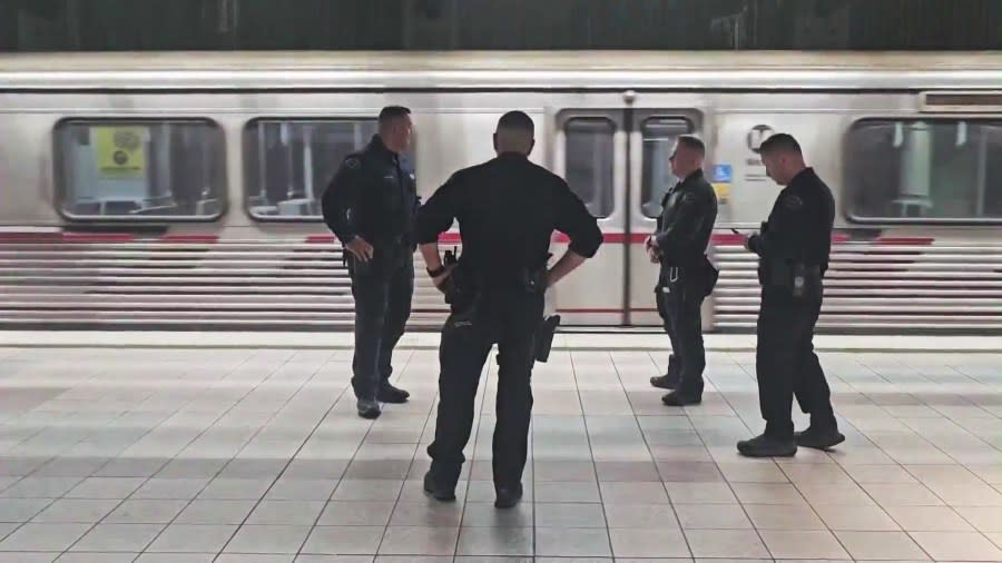 Officers patrol a subway station in Los Angeles County. (KTLA)