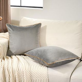 Aeckself 2 Pack Gray Velvet Cushion Covers 18x18 Inch Modern Luxury Decorative Cushion Cover with Gold Trim Comfortable Soft Solid Cushion Cover for Couch Bedroom Living Room