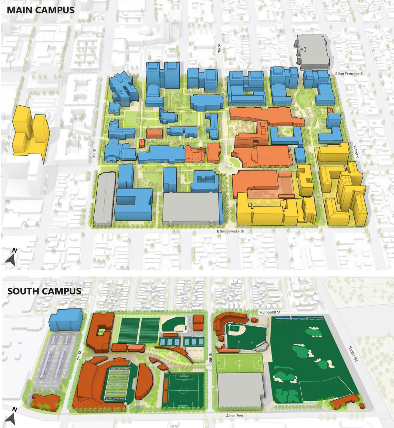 SJSU planned the expansion of the main campus (above) and the south campus (below), representation by SJSU