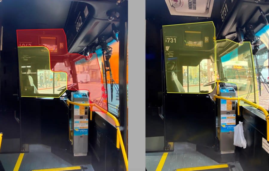 An image provided by LA Metro shows rider areas that provided protection before and after new full plexiglass barriers were installed in 2024. (The Source)