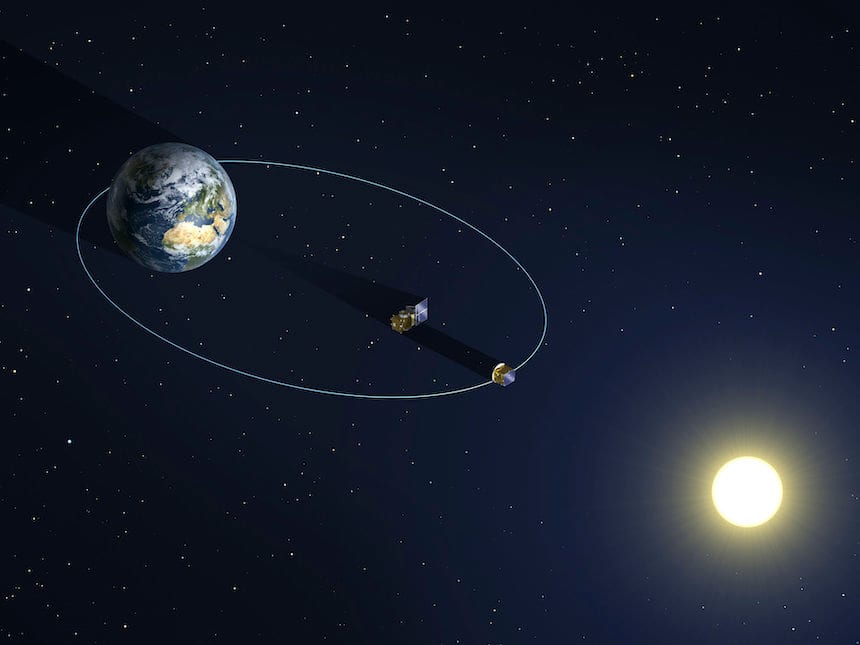 An illustration shows a satellite in front of the sun casting its shadow on another satellite closer to Earth. 