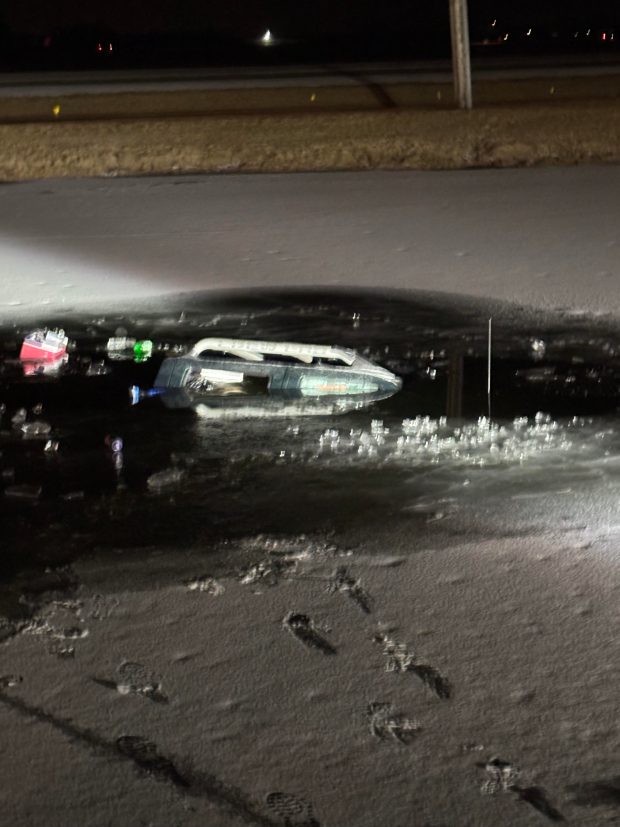 On February 8, 2025, a pickup sunk into a Crete retention pond (John Minerd)