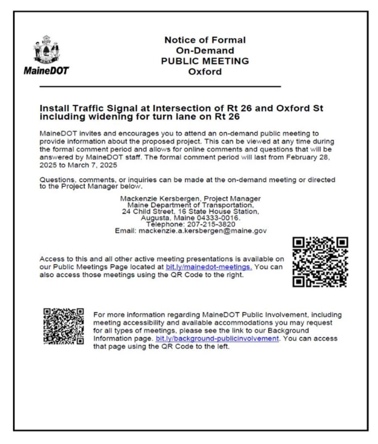 Maine opens the virtual public hearing at the traffic light installation of Route 26 in Oxford