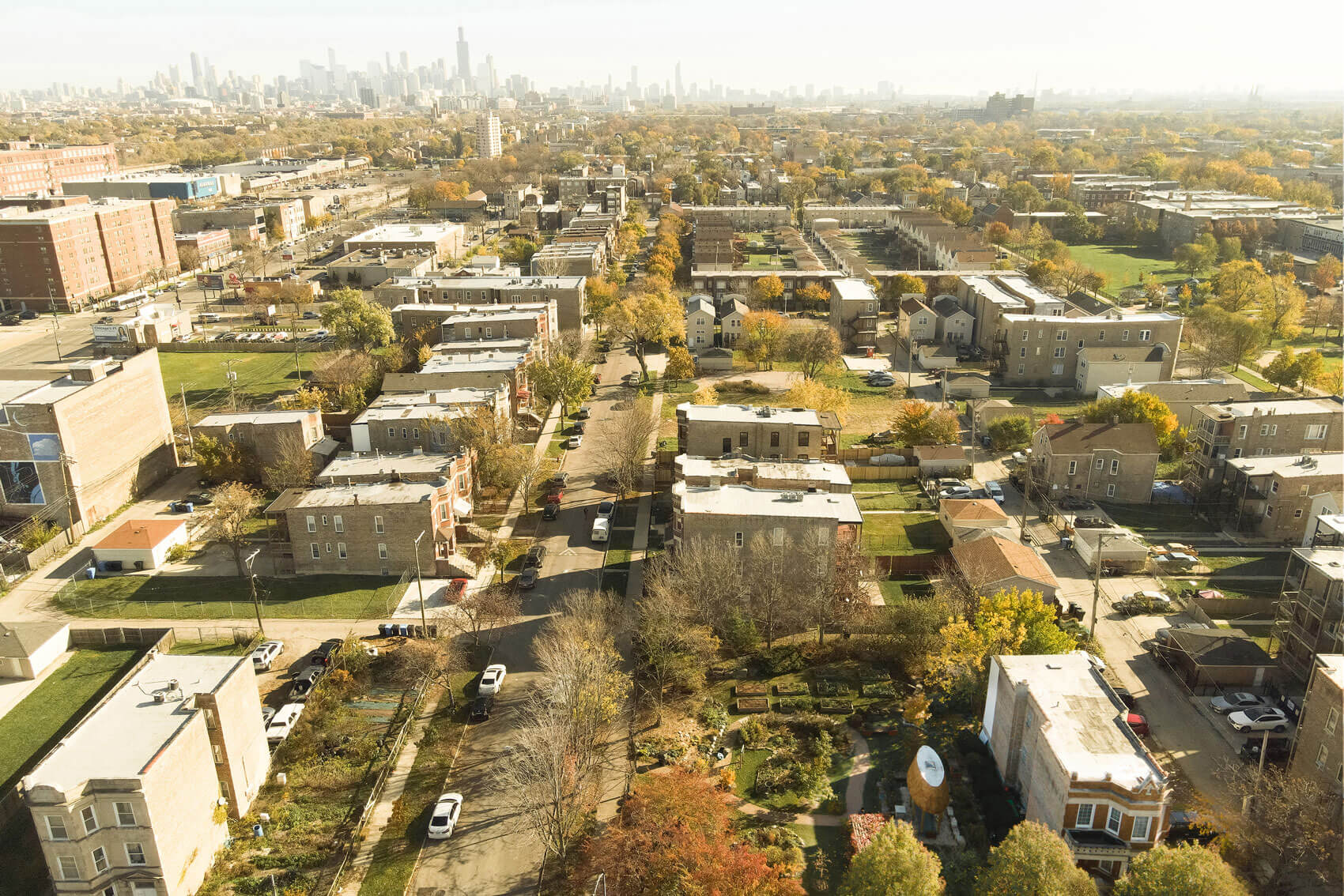 An aerial image of the African Heritage Garden in Chicago in North Lawndale in its urban context