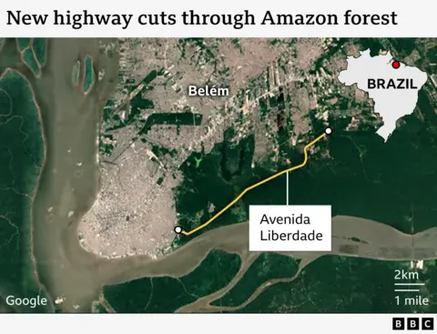 Satellite image shows the location of the new Highway Avenida Liberdade, whereby the insertion shows where Belém is in Brazil.