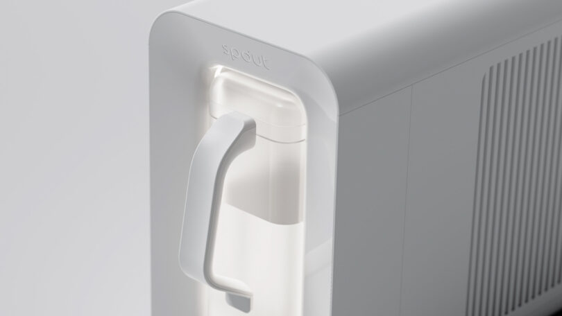 A slim, modern white donor with a run and handle. The brand name "Sprout" is shaped above.