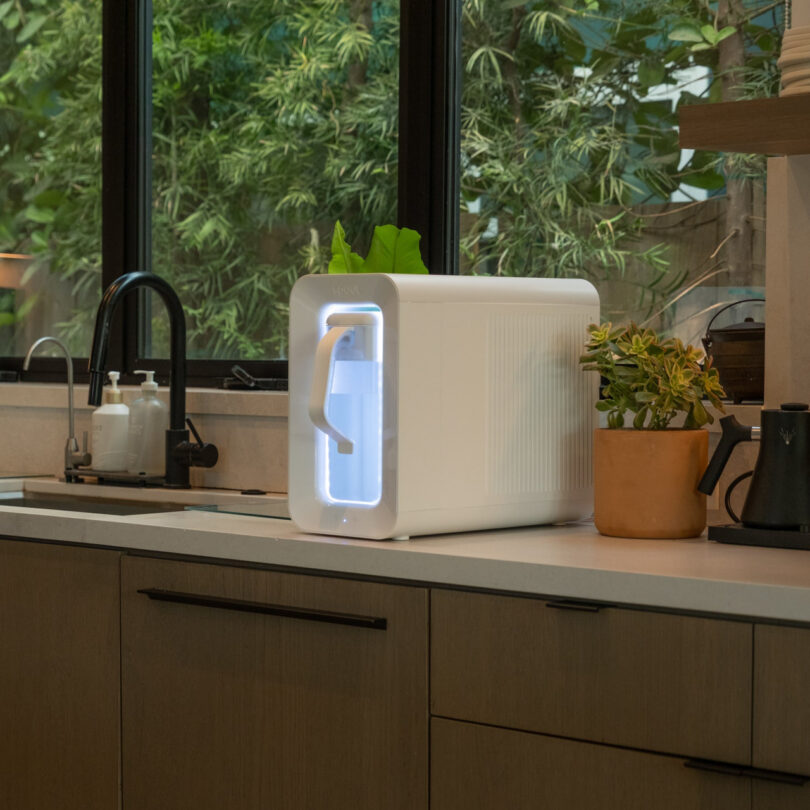 A white water cleaner with a glowing blue light and a slim outlet is located on a kitchen bar next to a potted plant with a sink and sunlit -like windows in the background.