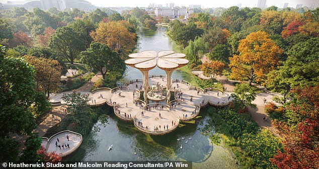 A second proposal for a monument includes 70 Lily Pad jumping board from Heatherwick Studio