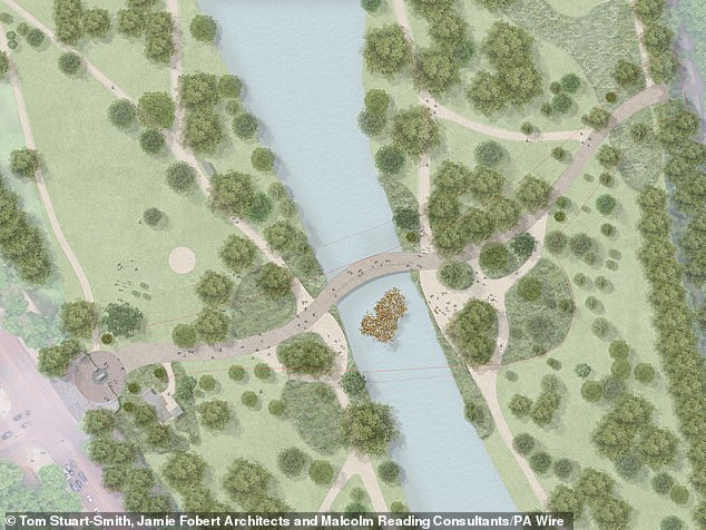 The digitally scanned replica tree would be on a base in the lake, as these plans show