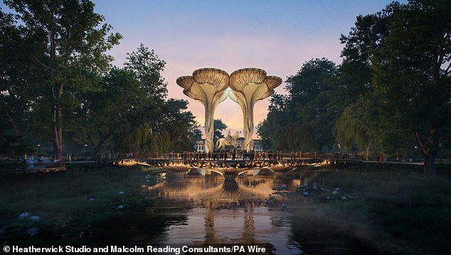 In the center of the proposed bridge there is a limestone sculpture of the late Queen Elizabeth II.