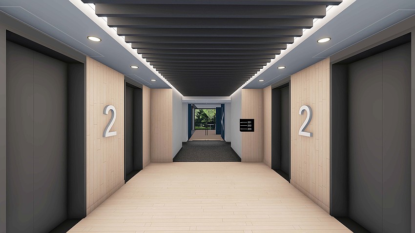 A rendering of the hallway of The Pondry being renovated for speculative office suites. Urban problems enable permission for technical space in the eight -story building of the Pondry