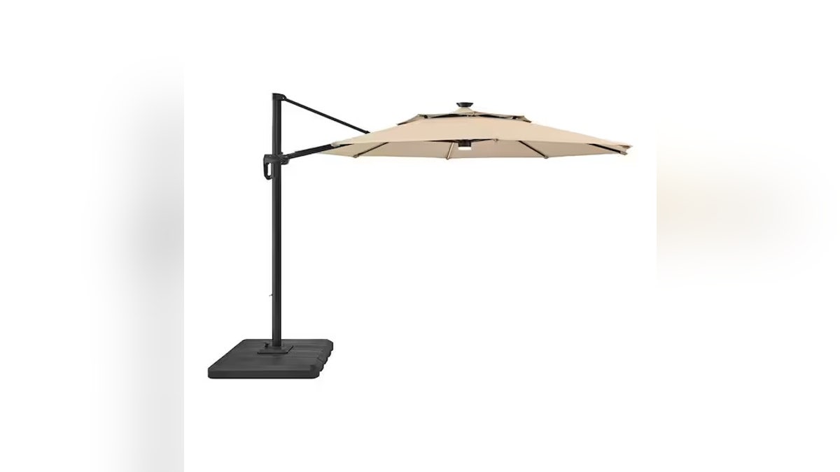 Hampton Bay's offset rain screen offers sufficient shade and has built-in, solar-powered LED lights.