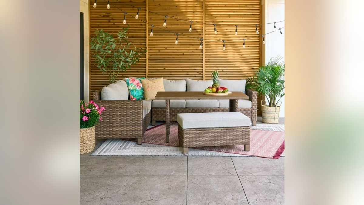 This versatile wicker dining set in Walmart offers sufficient seating and maximizes the space.