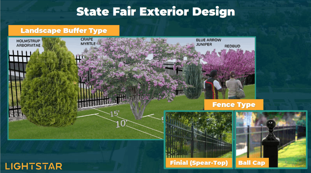 An artist who renders a community garden and shows various plants in front of a fence.