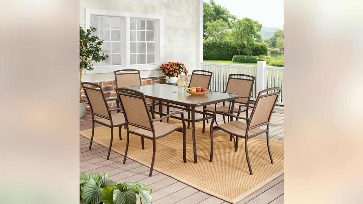 This 7-piece most important set at Walmart includes a tempered glass-top table and six stackable chairs.