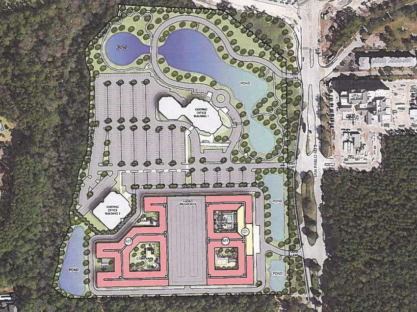 The plans for The Pondry Apartments shows access via San Pablo Road South. The two office buildings at the site would remain. A parking deck is shown between the apartment buildings. Urban problems enable permission for technical space in the eight -story building of the Pondry