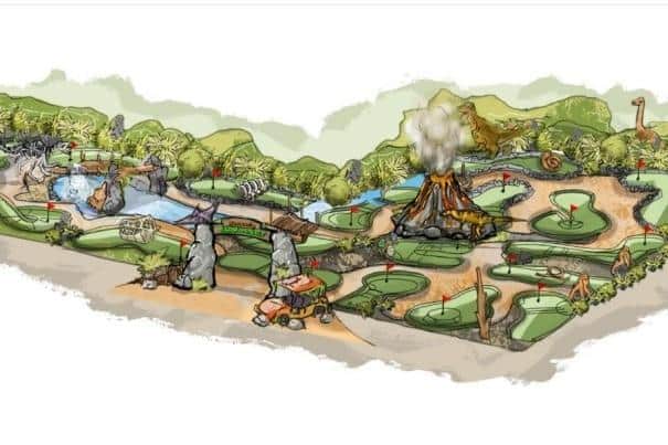 The impression of the artist how the 18-hole adventure golf course in the Jurassic topic could look in the Prairie Sports Village