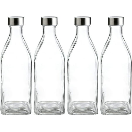 Whole household goods 34 ounces of square glass water bottles, 4 pack of reusable drinking bottles (clear)
