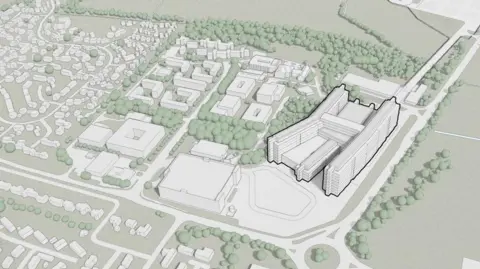 Qehkl drawing of the new hospital complex with the surrounding landscape.