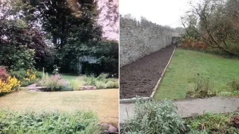John Watkeys John Watkey's garden and after losing part of it to the new heads of the valleys. On the left side you can see two lawns that are separated by flower beds full of plants, while in the new picture a large stone wall on the left side of a triangular lawn can be seen with a large empty flower bed full of floor.