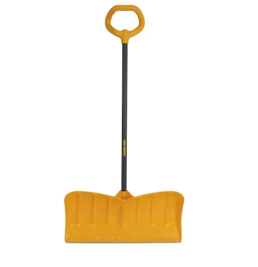 Snow shovel with a wide yellow head and ergonomic handle