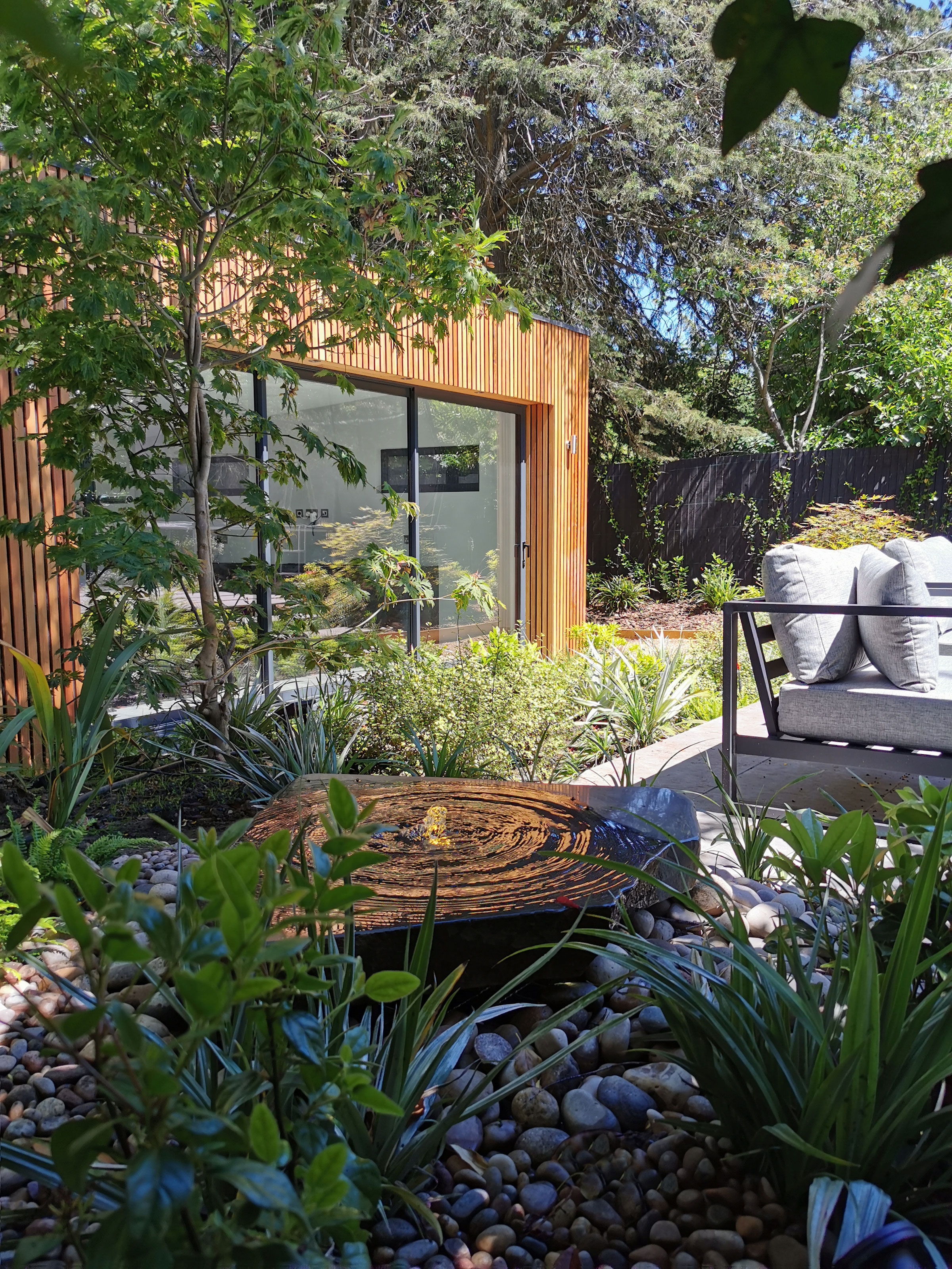 A modern garden with water feature