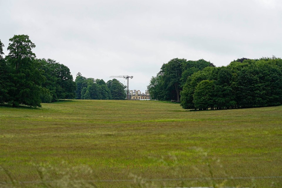 Construction crane near a manor house in one field.