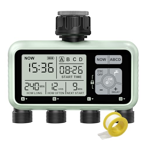 Johgee 4 Zone Sprinkler Watercerne for irrigation, garden hose -Timer 4 -outlet, garden watering system irrigation system Controller with automatic/manual mode/rain delay for lawn