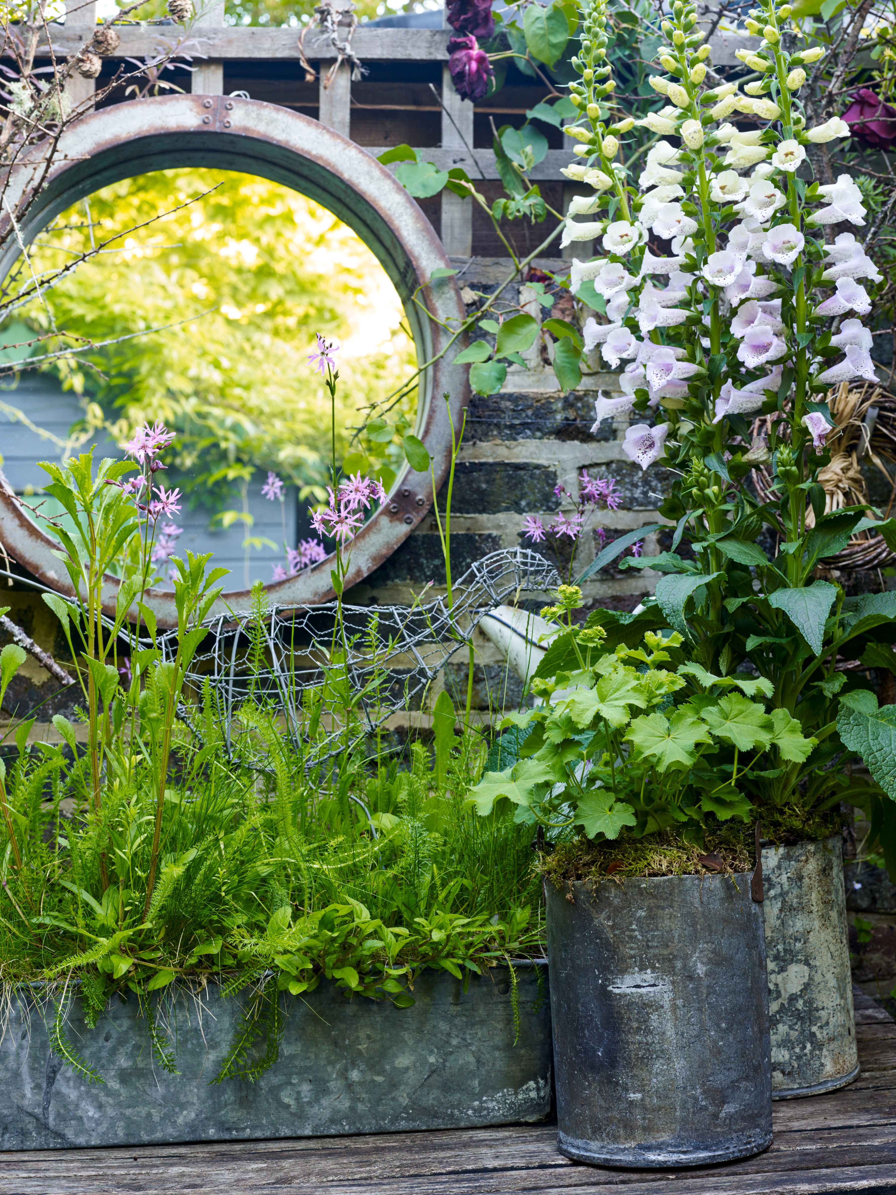Round garden mirror in the pot area of ​​small garden