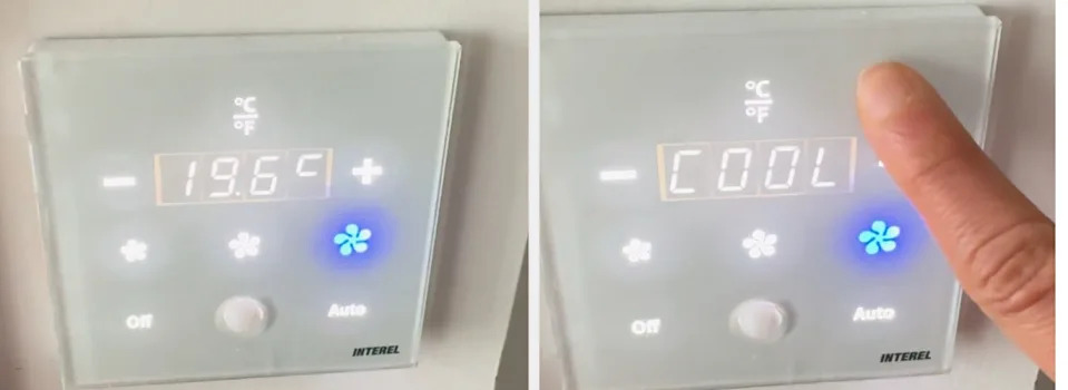 In the first picture, digital thermostat display shows 19.6 ° C, which are set to 19.6 ° C and "COOL" In the second with a finger that points to it