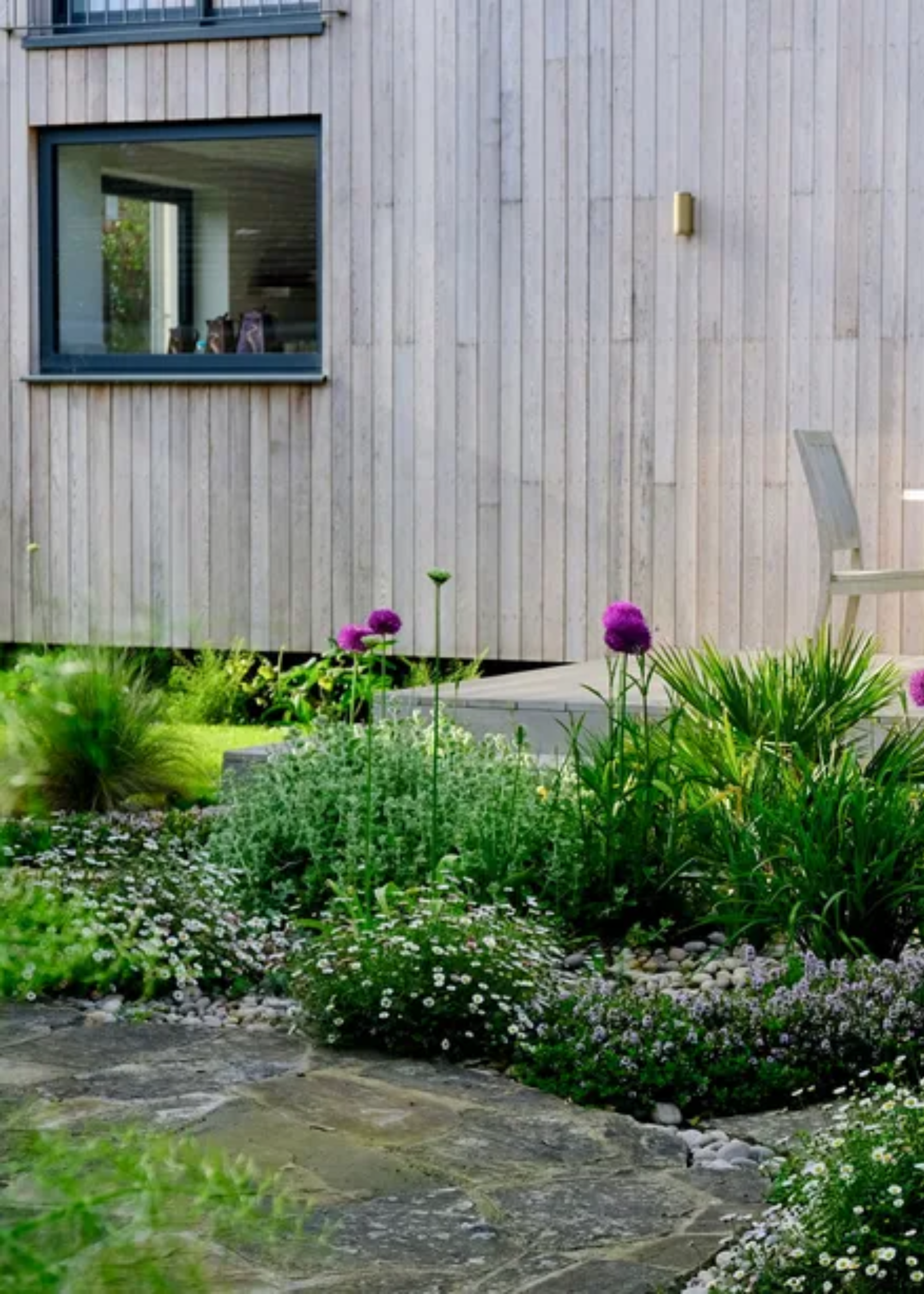 A small garden with moss, grass and purple flowers