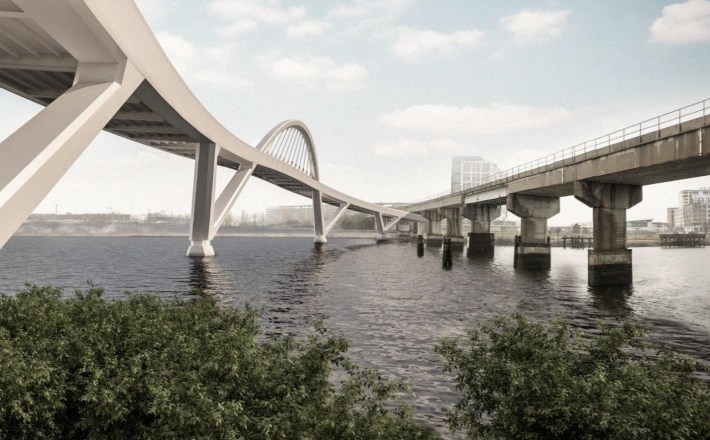 The rendering of an architect shows two bridges that cross a river. The illustration of the new bridge on the right shows a bridge with large arches that overthrow over the water. The figure is overlaid in a photo that shows an existing, simple railway bridge on the right.