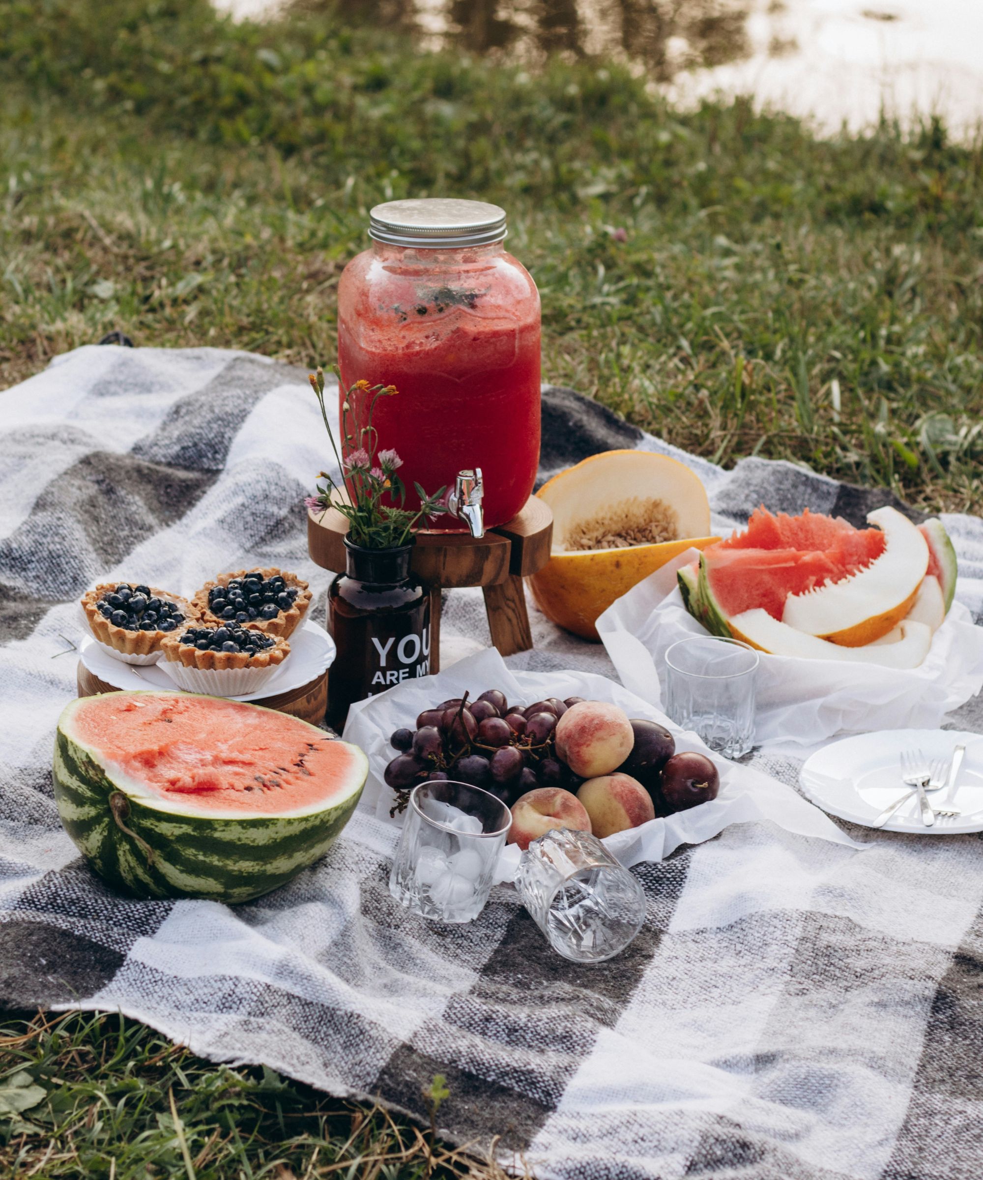 Black and white -gingham picnic blanket with fruit, tarts and a maur glass full of juice