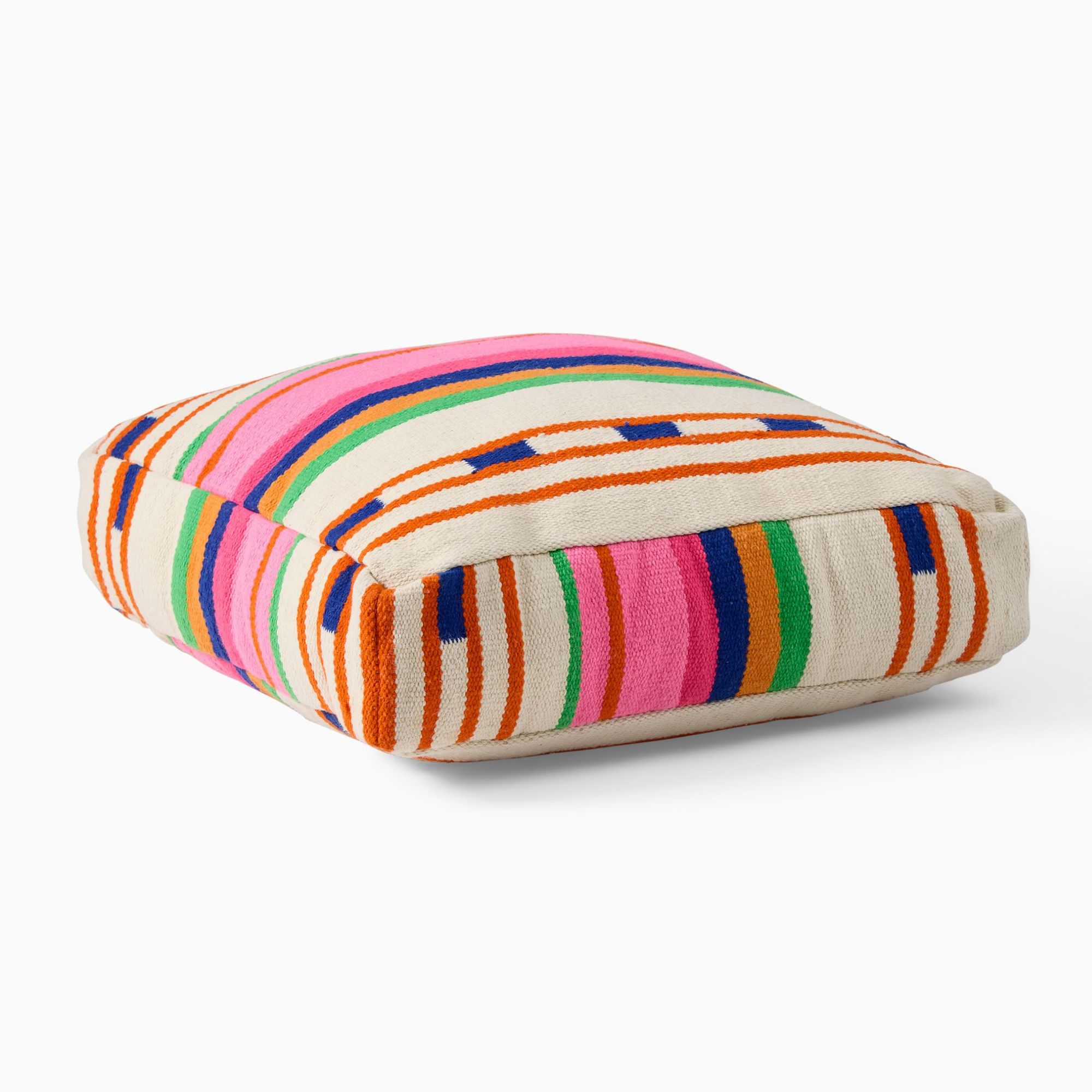 White base pillow with pink, orange, blue and green stripes