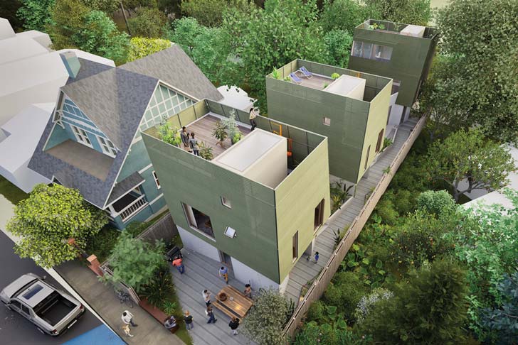 An air models of three green buildings in a neighborhood