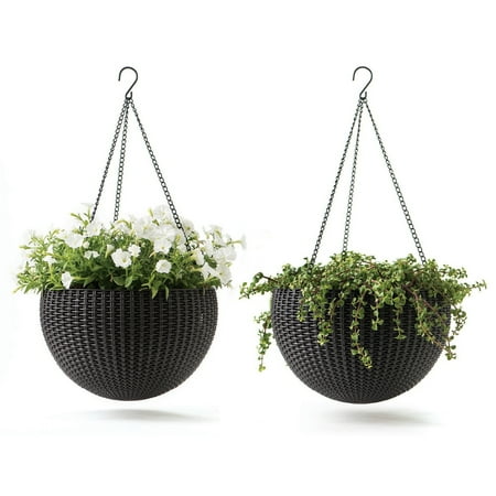 Keter Harz Rattan Set of 2 round-hanging planting vessels for indoor and outer plants, anthracite