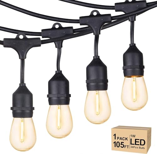 Svater Outdoor String Lights LED 105ft, commercial grade terrace lights with 1W dimmable S14 Shaatter view lamps, Etl Listed Listed Heavy Duty Outside Waterfof Cafe Bistro Market Lighting Warm White