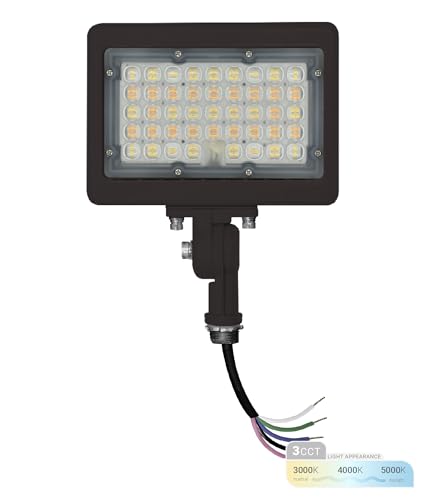 Nuwatt 50W LED Flood Light, 3CCT 3000K/4000K/5000K Selectable, IP65 Waterproof lighting, adjustable ankle holder, 7050 lm, 0-10 V dimmable, 120-277V, safety representative outdoor for garden, bronze, UL