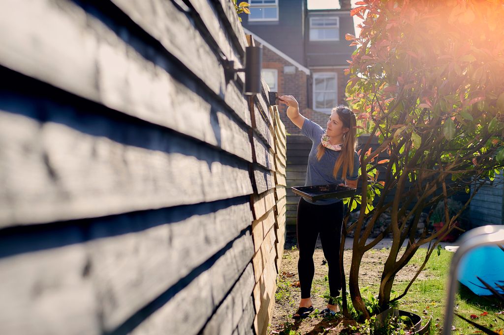 Creative angle of women of women who paint black fence with brushes