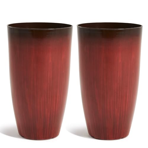 Value garden 20" H. Plastic planters - Set of 2 graded red glossy smooth finish - high plant pots drain hole for use indoors - decorative light flower pots for veranda, terrace, deck