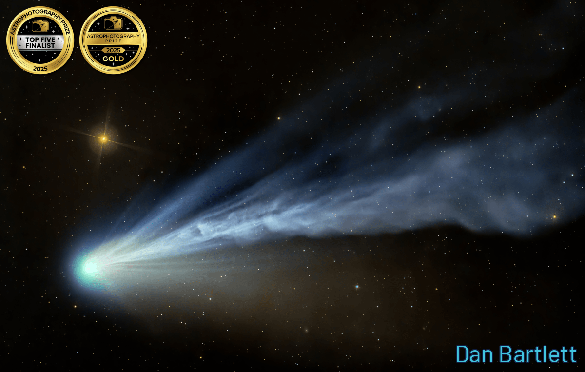 A blue -green comet that roams across the sky