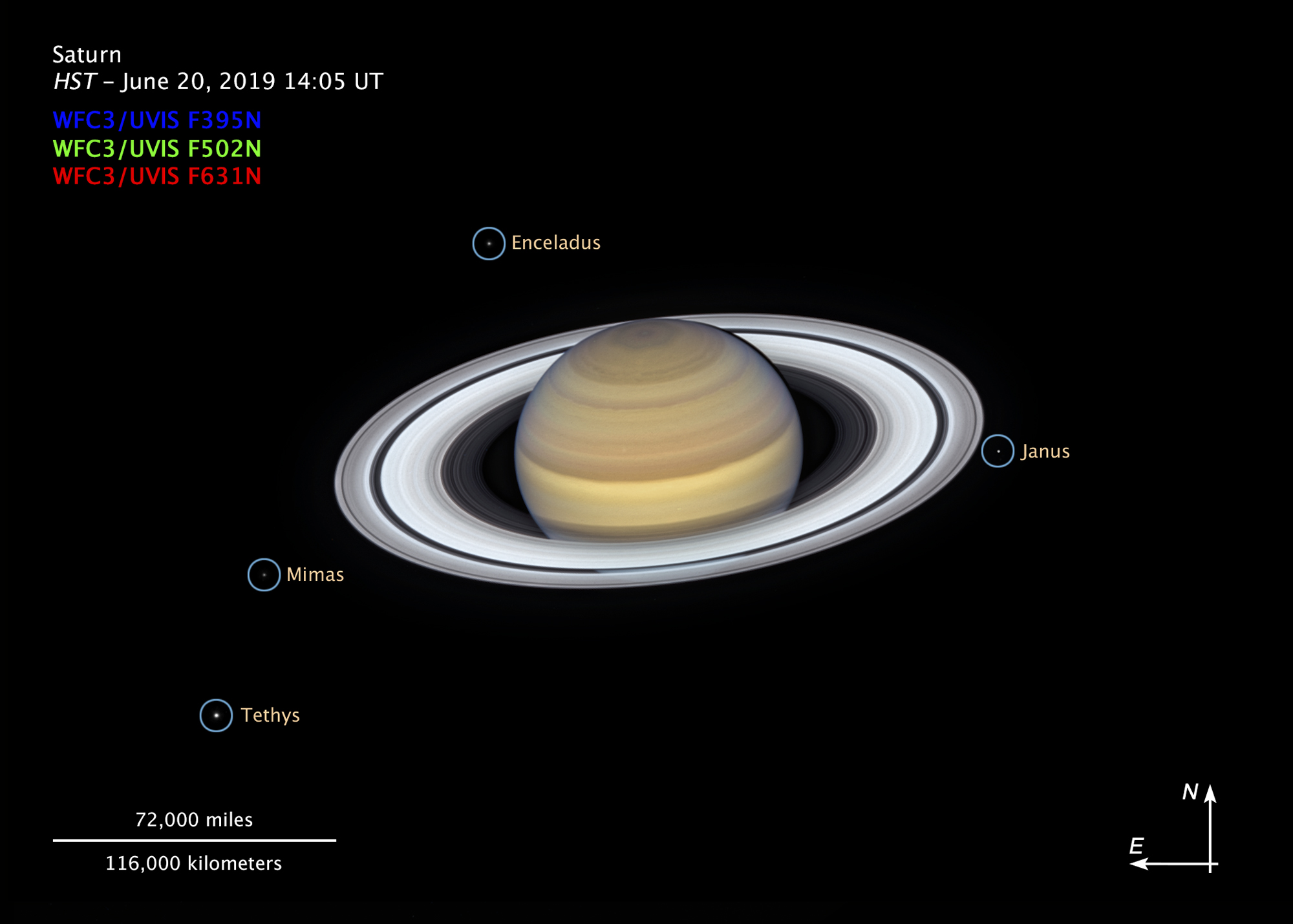 The rings of Saturn and four of his moons at the center of this portrait of The Hubble Space Telescope's Wide Field Camera 3, which were recorded on June 20, 2019.