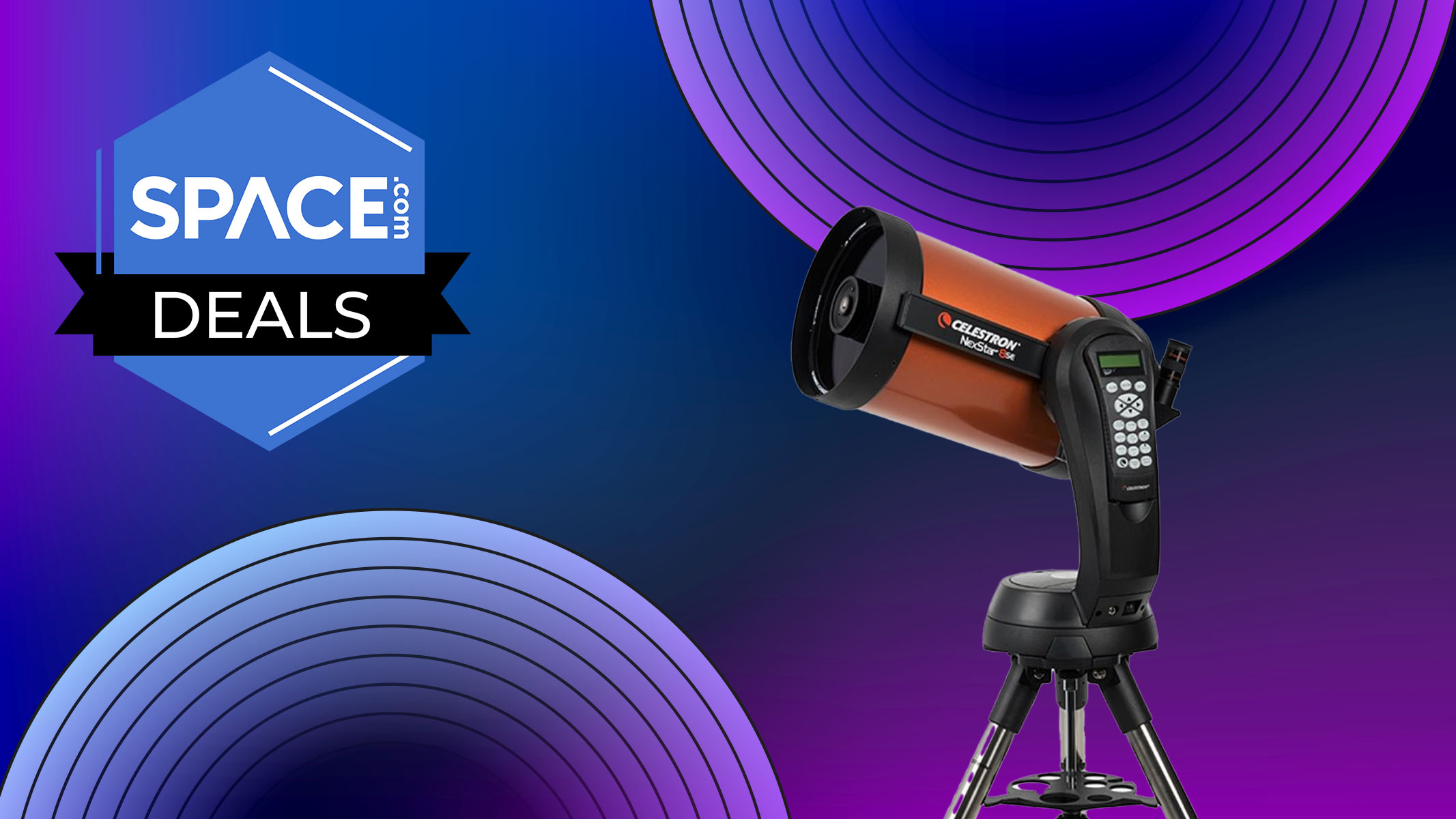 Celestron Nexstar 8se -Telescope with orange optical pipe on a blue background with disco circles with a space.com logo in the upper left corner